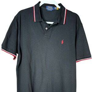 Polo Ralph Lauren Mens Classic Fit Black Polo Shirt Red White Tipped Large